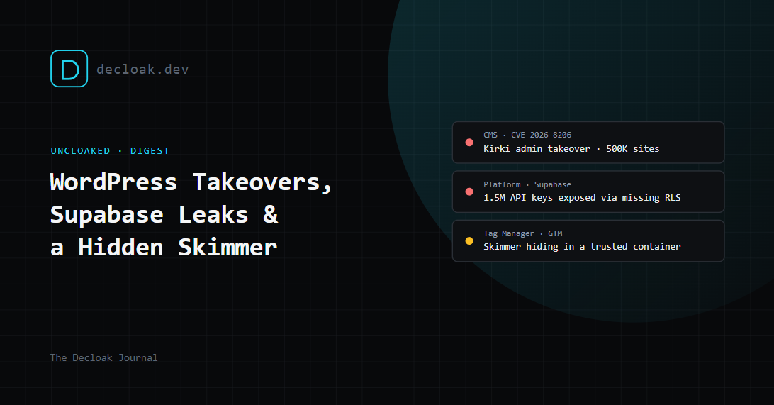 Uncloaked: WordPress Takeovers, Supabase Leaks, and a Skimmer Hiding in Plain Sight